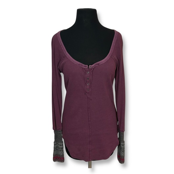 Free People Thermal Knit Long Sleeve Top Button Up Gray Cuff Detail - Picture 1 of 6